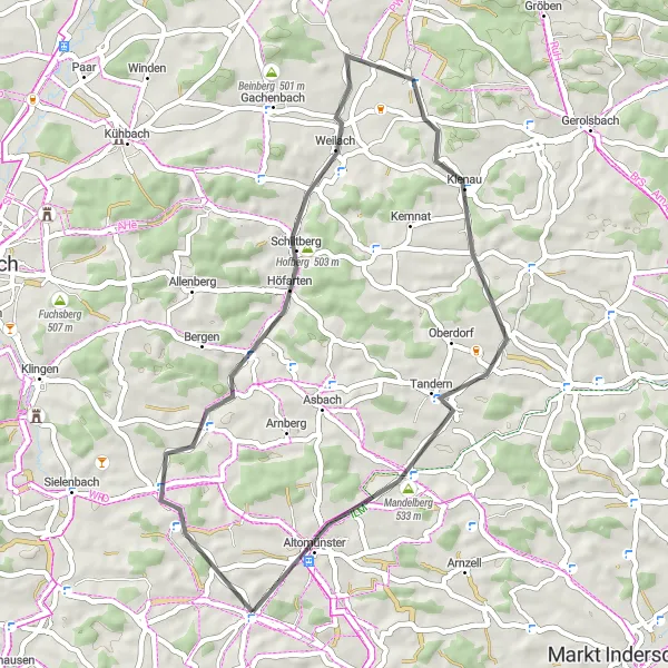 Map miniature of "Altomünster and Beyond Road Trip" cycling inspiration in Oberbayern, Germany. Generated by Tarmacs.app cycling route planner
