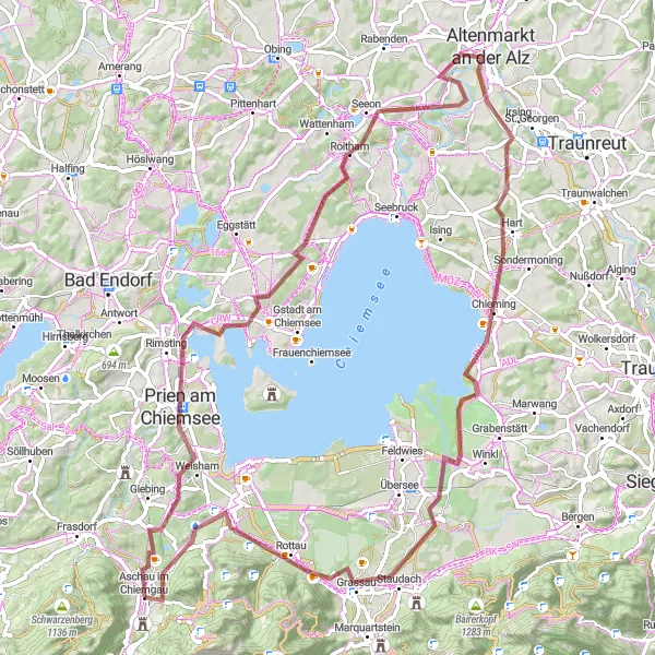 Map miniature of "Chiemsee Gravel Loop" cycling inspiration in Oberbayern, Germany. Generated by Tarmacs.app cycling route planner