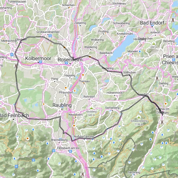 Map miniature of "Culture and Nature Road Loop" cycling inspiration in Oberbayern, Germany. Generated by Tarmacs.app cycling route planner