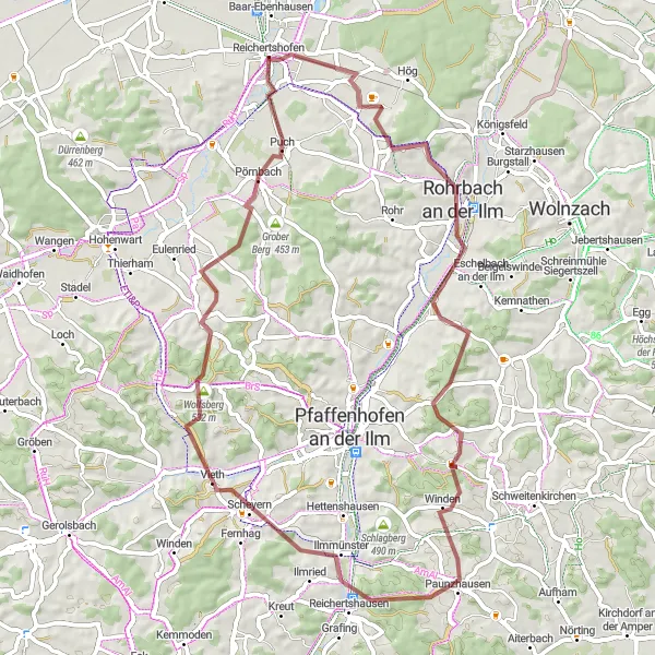 Map miniature of "Rohrbach Loop" cycling inspiration in Oberbayern, Germany. Generated by Tarmacs.app cycling route planner