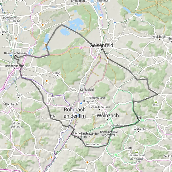 Map miniature of "Geisenfeldwinden Loop" cycling inspiration in Oberbayern, Germany. Generated by Tarmacs.app cycling route planner