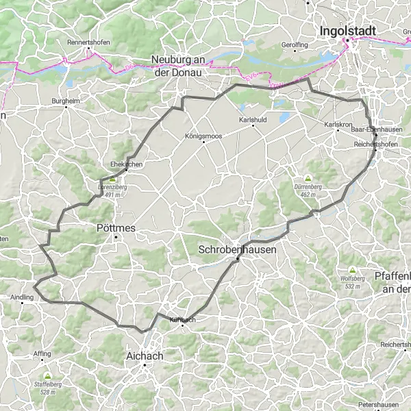 Map miniature of "Reichertshofen Adventure" cycling inspiration in Oberbayern, Germany. Generated by Tarmacs.app cycling route planner