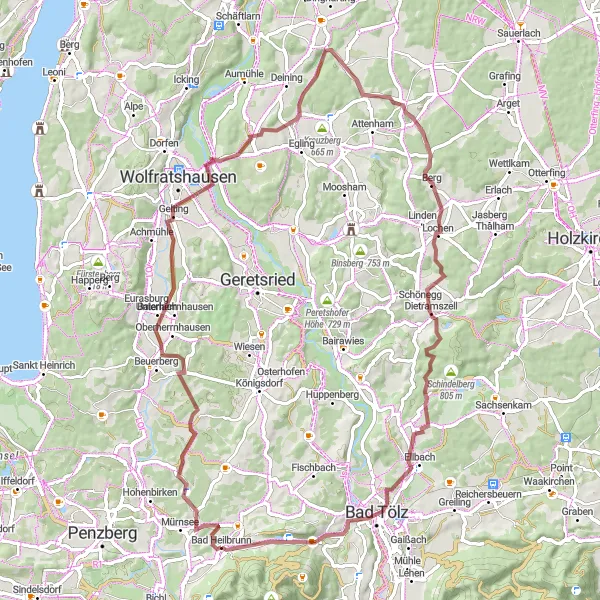 Map miniature of "The Gravel Escape: Bad Heilbrunn Adventure II" cycling inspiration in Oberbayern, Germany. Generated by Tarmacs.app cycling route planner