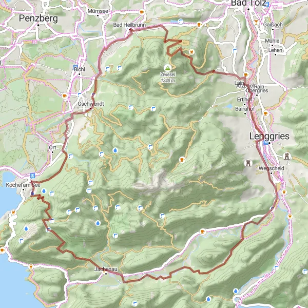 Map miniature of "The Mountainous Challenge" cycling inspiration in Oberbayern, Germany. Generated by Tarmacs.app cycling route planner