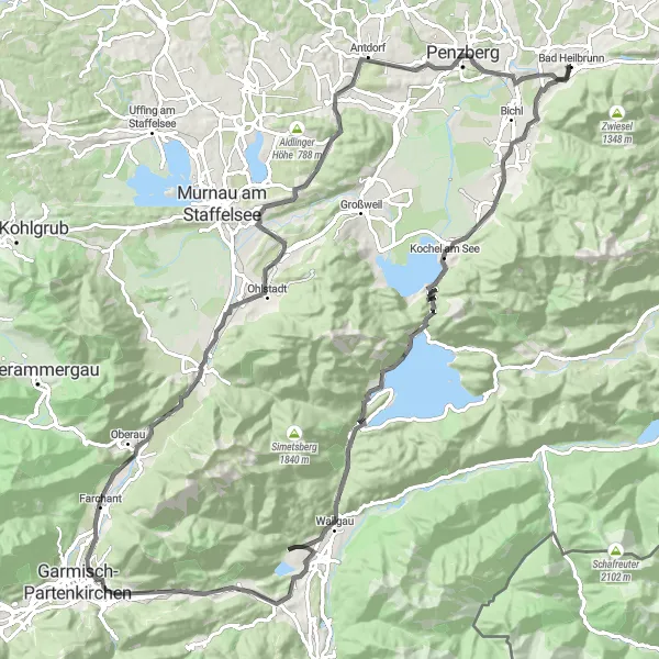 Map miniature of "The Mountain Challenge" cycling inspiration in Oberbayern, Germany. Generated by Tarmacs.app cycling route planner