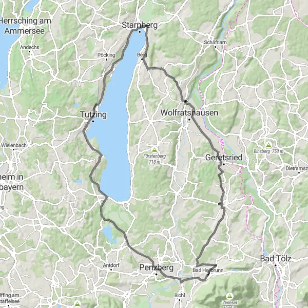 Map miniature of "The Horn and Brahmspromenade Loop" cycling inspiration in Oberbayern, Germany. Generated by Tarmacs.app cycling route planner