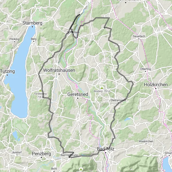 Map miniature of "The Twin Lakes Loop" cycling inspiration in Oberbayern, Germany. Generated by Tarmacs.app cycling route planner