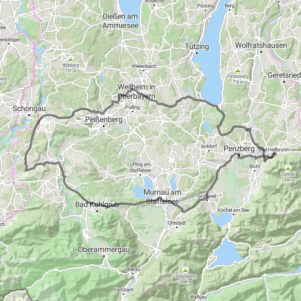 Map miniature of "The Schönmühl and Roßkopf Loop" cycling inspiration in Oberbayern, Germany. Generated by Tarmacs.app cycling route planner