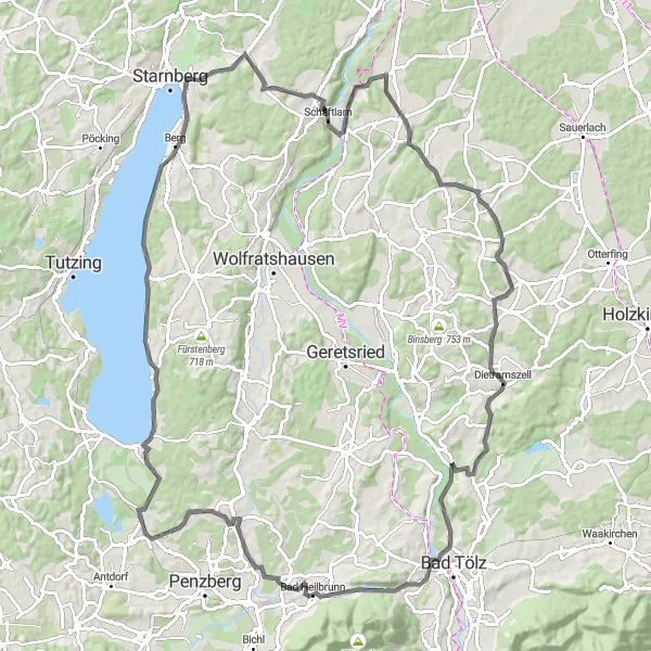 Map miniature of "The Countryside Adventure" cycling inspiration in Oberbayern, Germany. Generated by Tarmacs.app cycling route planner