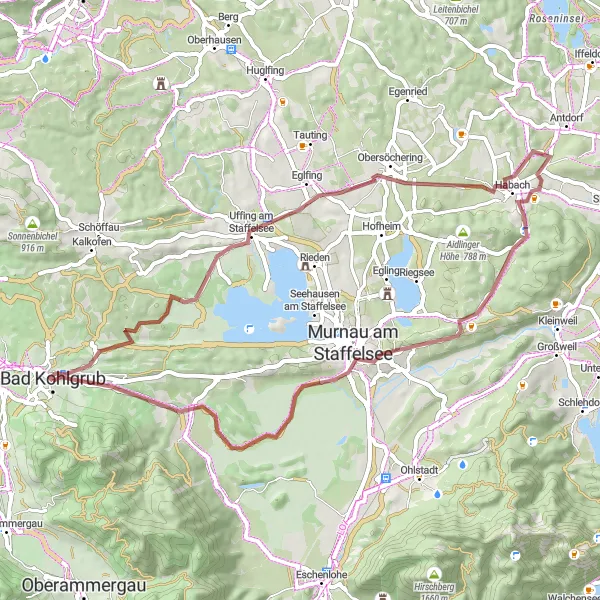 Map miniature of "Gravel Adventure" cycling inspiration in Oberbayern, Germany. Generated by Tarmacs.app cycling route planner