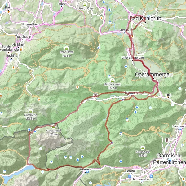 Map miniature of "Challenging Gravel Adventure" cycling inspiration in Oberbayern, Germany. Generated by Tarmacs.app cycling route planner