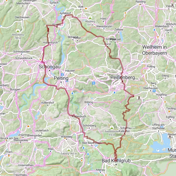 Map miniature of "Bavarian Gravel Escape" cycling inspiration in Oberbayern, Germany. Generated by Tarmacs.app cycling route planner
