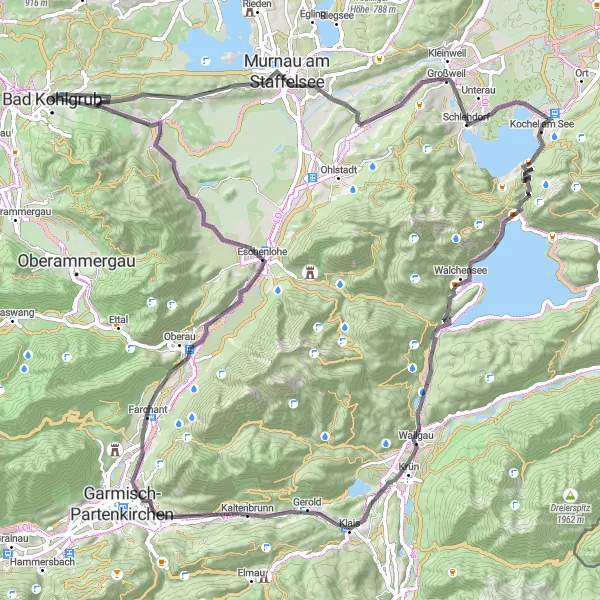 Map miniature of "Scenic Road Cycling Adventure" cycling inspiration in Oberbayern, Germany. Generated by Tarmacs.app cycling route planner
