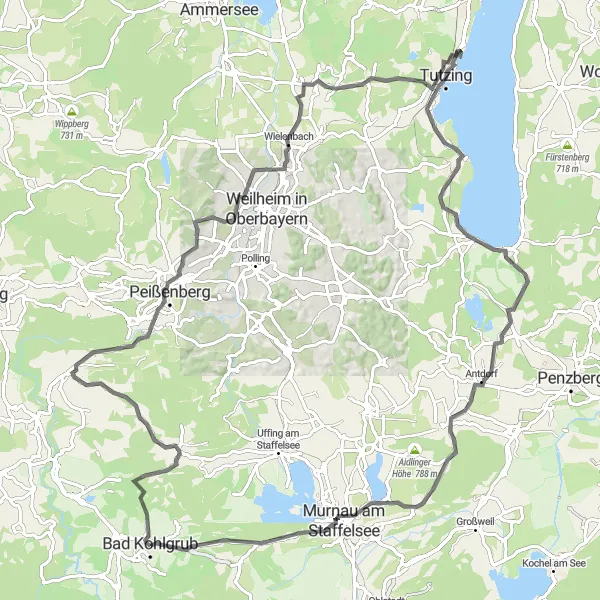 Map miniature of "Alpine Adventure" cycling inspiration in Oberbayern, Germany. Generated by Tarmacs.app cycling route planner