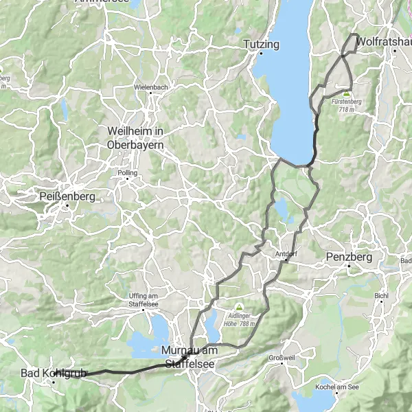 Map miniature of "Road Cycling Exploration" cycling inspiration in Oberbayern, Germany. Generated by Tarmacs.app cycling route planner