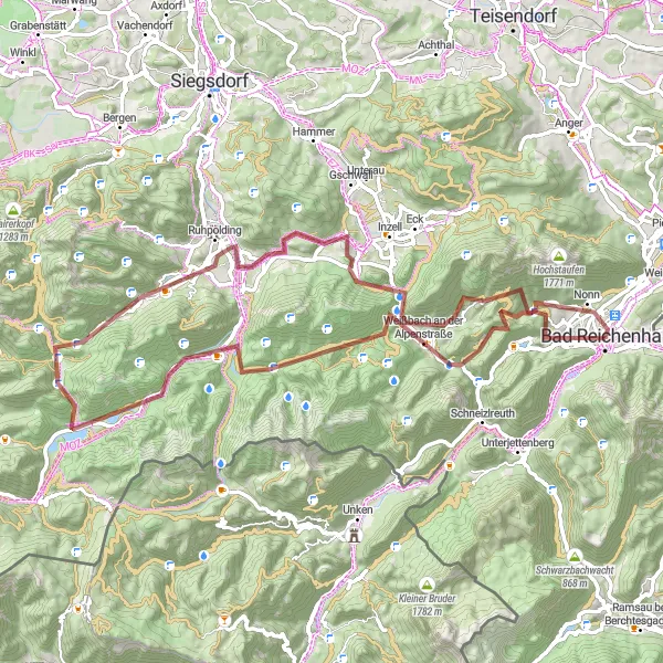 Map miniature of "Gravel Adventure in Oberbayern" cycling inspiration in Oberbayern, Germany. Generated by Tarmacs.app cycling route planner