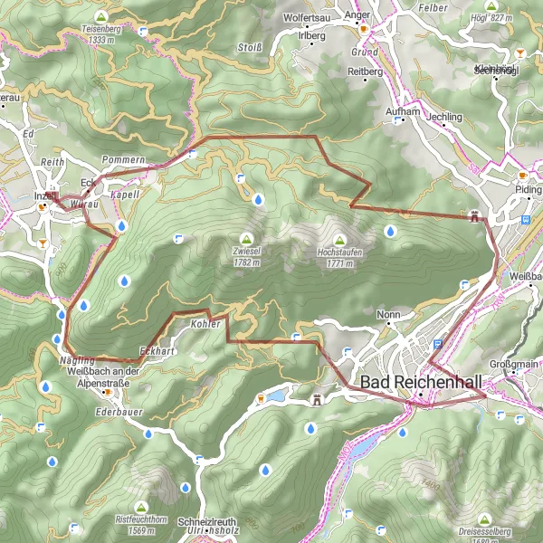 Map miniature of "Nature's Retreat: An Idyllic Gravel Ride near Bad Reichenhall" cycling inspiration in Oberbayern, Germany. Generated by Tarmacs.app cycling route planner