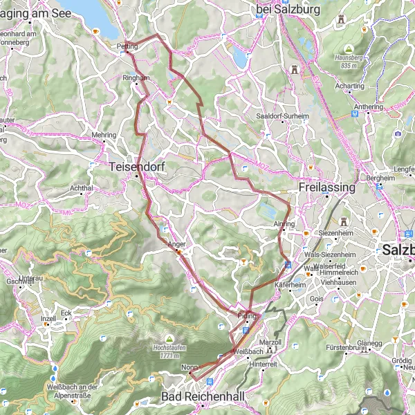Map miniature of "Nonn and Saalach Valley Gravel Experience" cycling inspiration in Oberbayern, Germany. Generated by Tarmacs.app cycling route planner