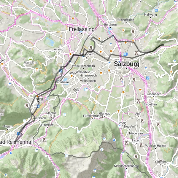 Map miniature of "Bad Reichenhall Cultural Road Loop" cycling inspiration in Oberbayern, Germany. Generated by Tarmacs.app cycling route planner