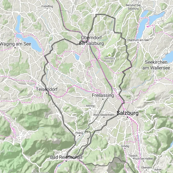 Map miniature of "Scenic Salzach Valley Road Ride" cycling inspiration in Oberbayern, Germany. Generated by Tarmacs.app cycling route planner