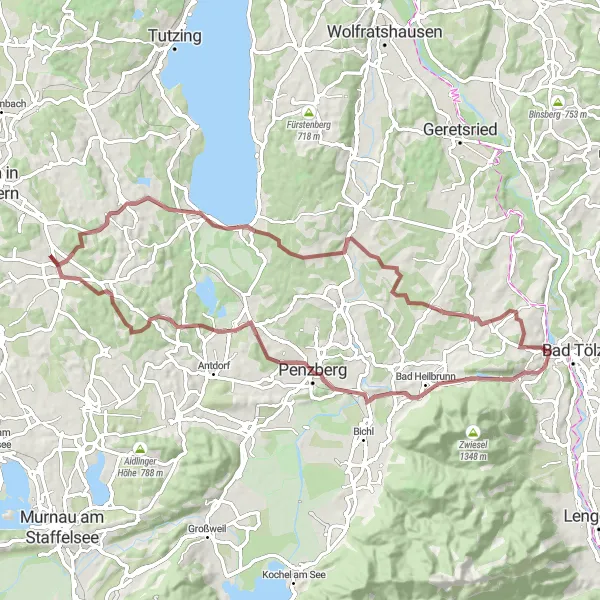 Map miniature of "Enchanting Horn Gravel Route" cycling inspiration in Oberbayern, Germany. Generated by Tarmacs.app cycling route planner