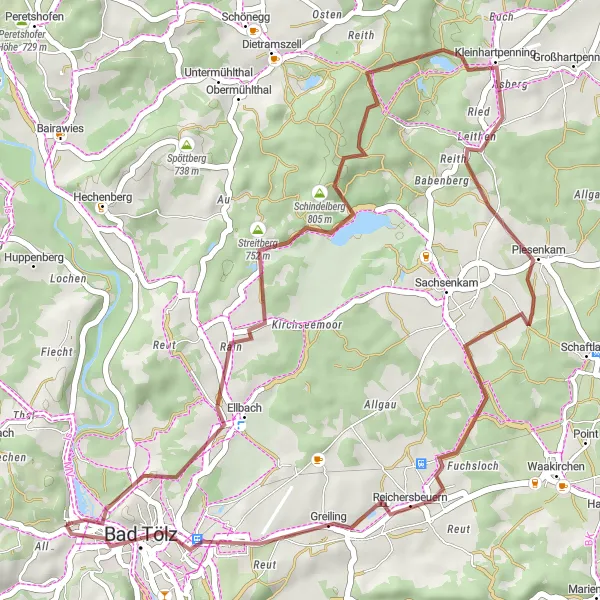 Map miniature of "Gravel Adventure through Oberbayern, Germany" cycling inspiration in Oberbayern, Germany. Generated by Tarmacs.app cycling route planner