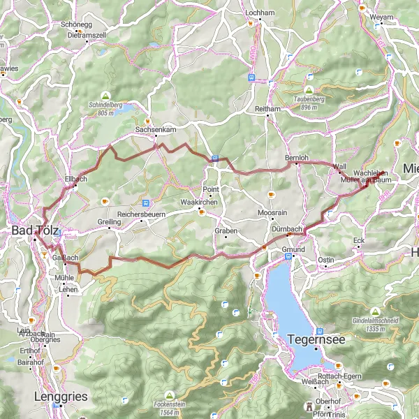 Map miniature of "Sachsenkam Adventure - Gravel" cycling inspiration in Oberbayern, Germany. Generated by Tarmacs.app cycling route planner