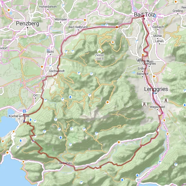 Map miniature of "Lenggries Loop - Gravel" cycling inspiration in Oberbayern, Germany. Generated by Tarmacs.app cycling route planner