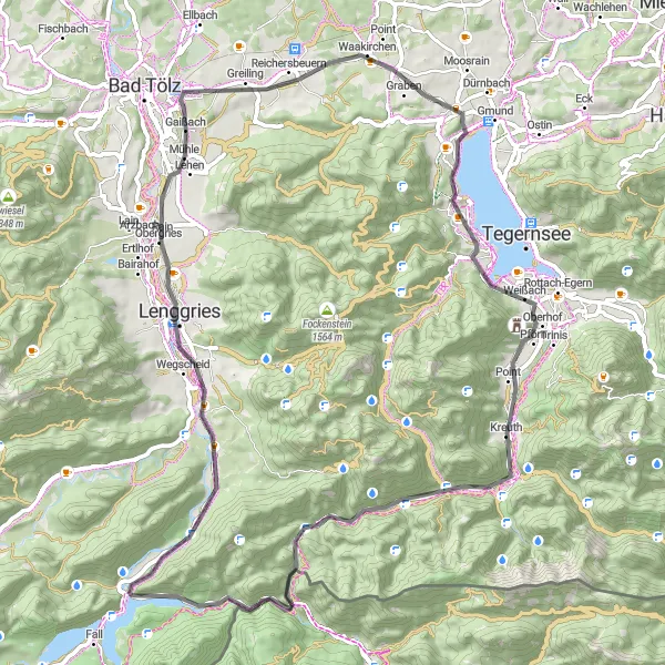 Map miniature of "Waakirchen Road Adventure" cycling inspiration in Oberbayern, Germany. Generated by Tarmacs.app cycling route planner
