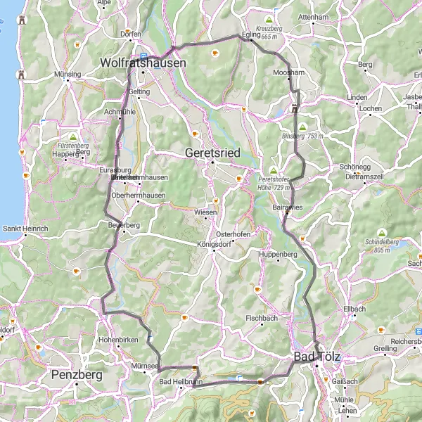 Map miniature of "Buchberg Road Tour" cycling inspiration in Oberbayern, Germany. Generated by Tarmacs.app cycling route planner