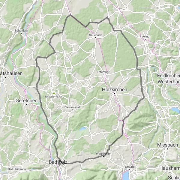 Map miniature of "Road Cycling Adventure in Oberbayern, Germany" cycling inspiration in Oberbayern, Germany. Generated by Tarmacs.app cycling route planner