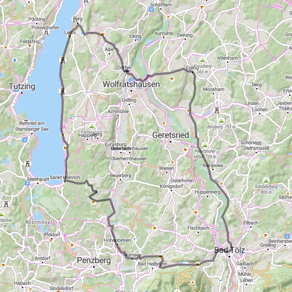 Map miniature of "Road Cycling in the Stunning Oberbayern" cycling inspiration in Oberbayern, Germany. Generated by Tarmacs.app cycling route planner