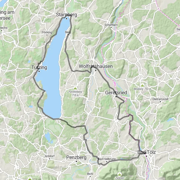 Map miniature of "Road Cycling in Oberbayern, Germany" cycling inspiration in Oberbayern, Germany. Generated by Tarmacs.app cycling route planner