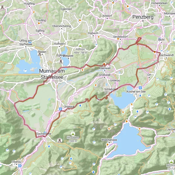 Map miniature of "Gravel Beauty of Oberbayern" cycling inspiration in Oberbayern, Germany. Generated by Tarmacs.app cycling route planner