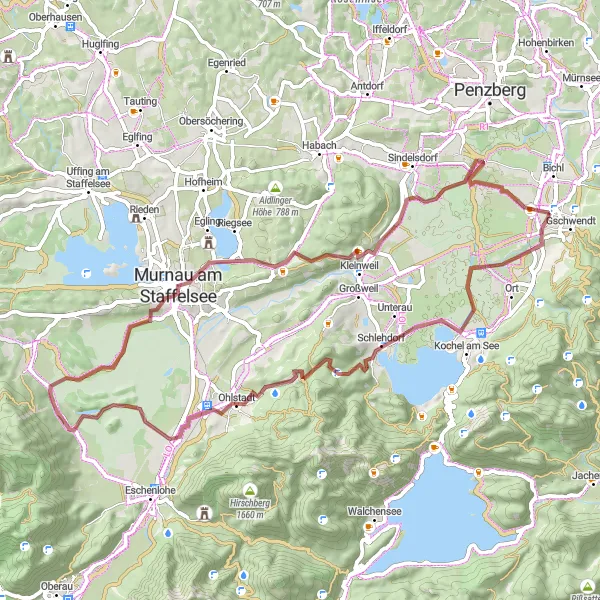 Map miniature of "Benediktbeuern and Murnau Gravel Round-Trip" cycling inspiration in Oberbayern, Germany. Generated by Tarmacs.app cycling route planner