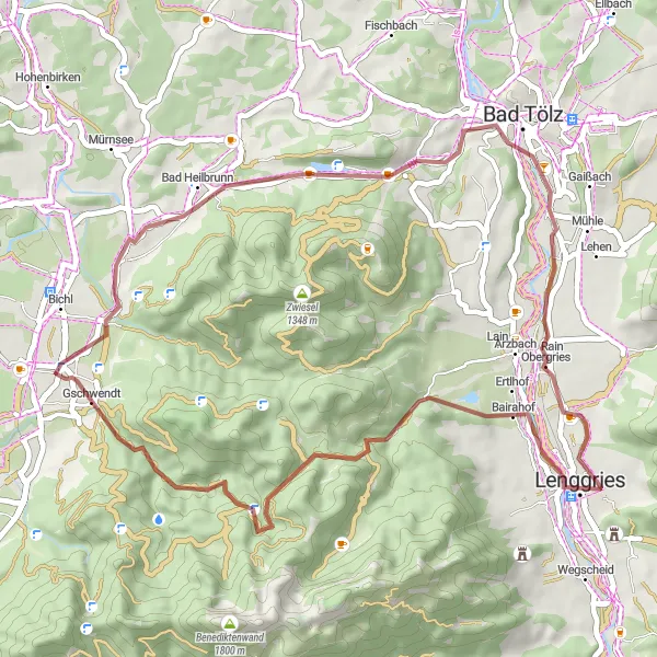 Map miniature of "Hidden Gems of Oberbayern" cycling inspiration in Oberbayern, Germany. Generated by Tarmacs.app cycling route planner
