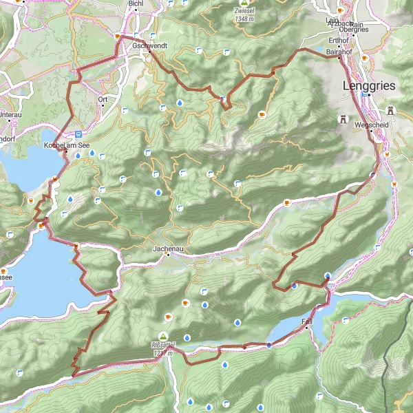 Map miniature of "Off the Beaten Path: Gravel Adventures in Oberbayern" cycling inspiration in Oberbayern, Germany. Generated by Tarmacs.app cycling route planner
