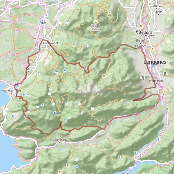 Map miniature of "Gschwendt and Murnau Gravel Round-Trip" cycling inspiration in Oberbayern, Germany. Generated by Tarmacs.app cycling route planner