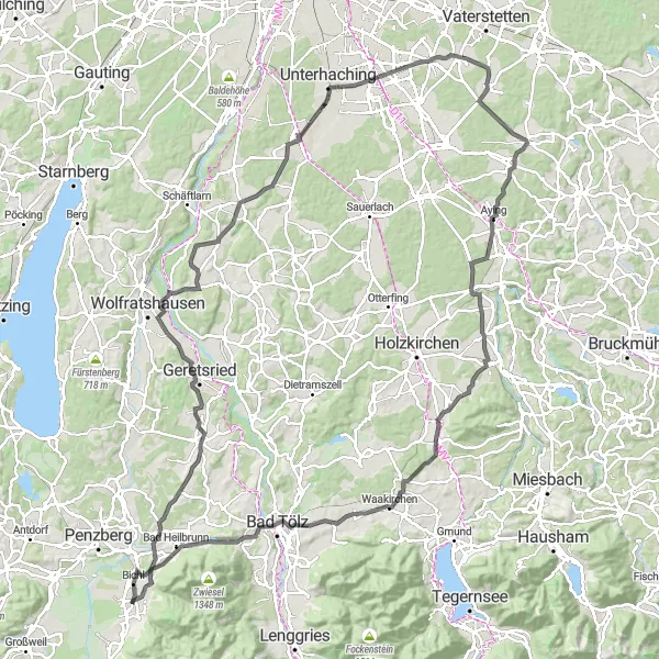 Map miniature of "Reindlschmiede and Oberpframmern Road Round-Trip" cycling inspiration in Oberbayern, Germany. Generated by Tarmacs.app cycling route planner