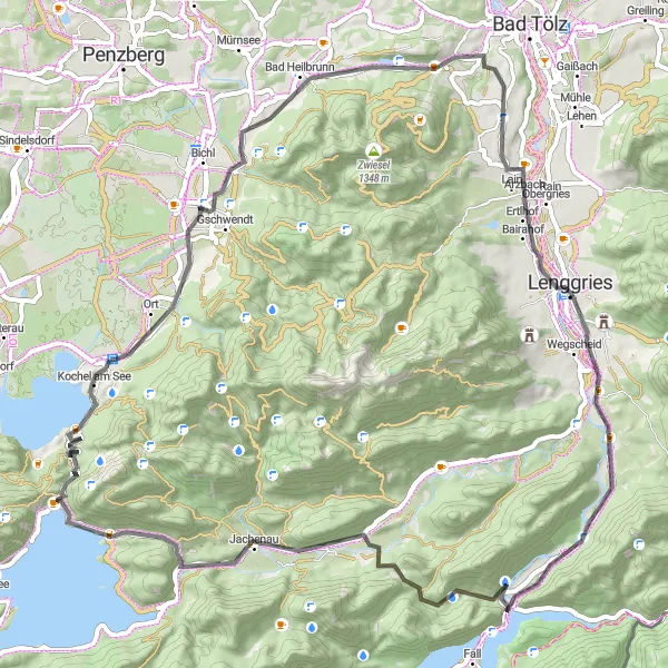 Map miniature of "Buchberg and Lenggries Road Round-Trip" cycling inspiration in Oberbayern, Germany. Generated by Tarmacs.app cycling route planner