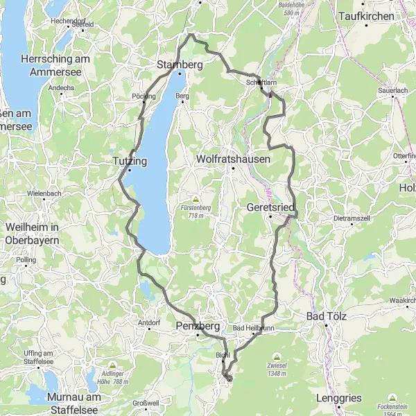 Map miniature of "Scenic Road Cycling Tour of Oberbayern" cycling inspiration in Oberbayern, Germany. Generated by Tarmacs.app cycling route planner
