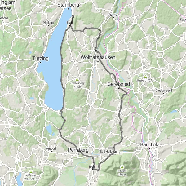 Map miniature of "Horn and Geretsried Road Round-Trip" cycling inspiration in Oberbayern, Germany. Generated by Tarmacs.app cycling route planner