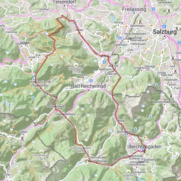 Karten-Miniaturansicht der Radinspiration "Gravel Tour durch die Berchtesgadener Alpen" in Oberbayern, Germany. Erstellt vom Tarmacs.app-Routenplaner für Radtouren