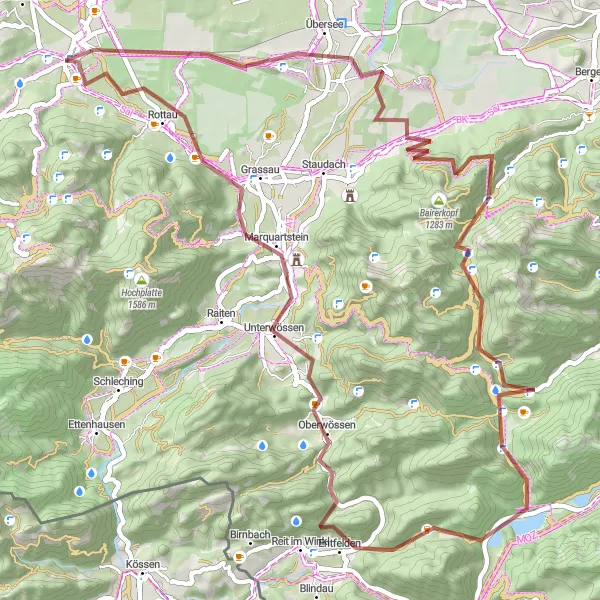 Map miniature of "Chiemsee Gravel Adventure" cycling inspiration in Oberbayern, Germany. Generated by Tarmacs.app cycling route planner