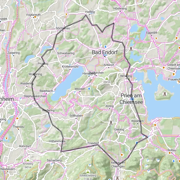 Map miniature of "Chiemsee Lakeside Loop" cycling inspiration in Oberbayern, Germany. Generated by Tarmacs.app cycling route planner