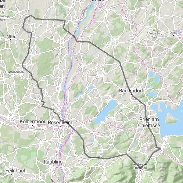 Map miniature of "Chiemgau Loop" cycling inspiration in Oberbayern, Germany. Generated by Tarmacs.app cycling route planner