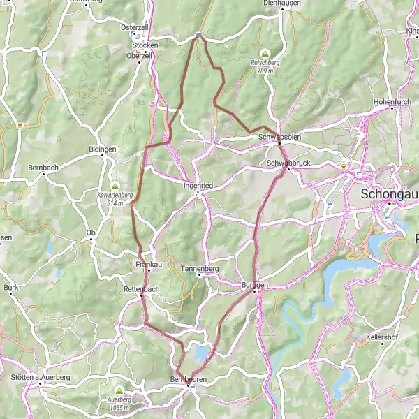 Map miniature of "Scenic Gravel Ride in Oberbayern" cycling inspiration in Oberbayern, Germany. Generated by Tarmacs.app cycling route planner