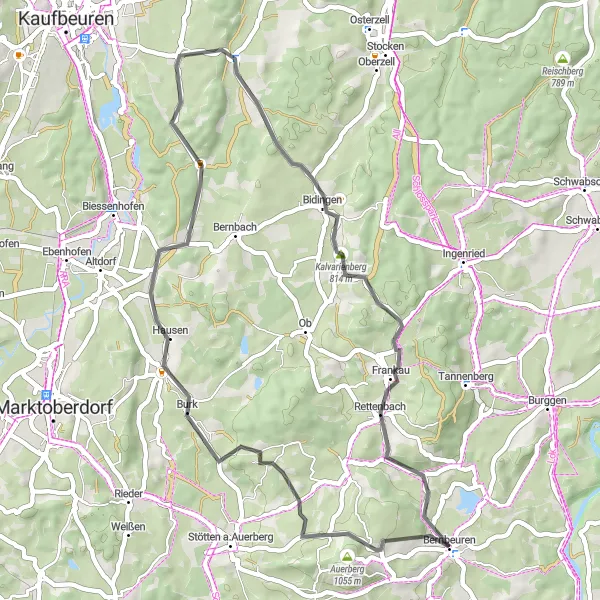 Map miniature of "Scenic Road Loop: Guggenberg Edition" cycling inspiration in Oberbayern, Germany. Generated by Tarmacs.app cycling route planner