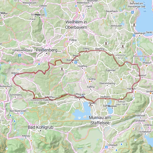 Karten-Miniaturansicht der Radinspiration "Rundtour um Eberfing" in Oberbayern, Germany. Erstellt vom Tarmacs.app-Routenplaner für Radtouren