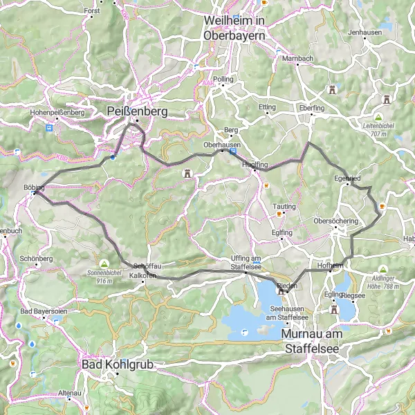 Karten-Miniaturansicht der Radinspiration "Entdeckungstour rund um Böbing" in Oberbayern, Germany. Erstellt vom Tarmacs.app-Routenplaner für Radtouren